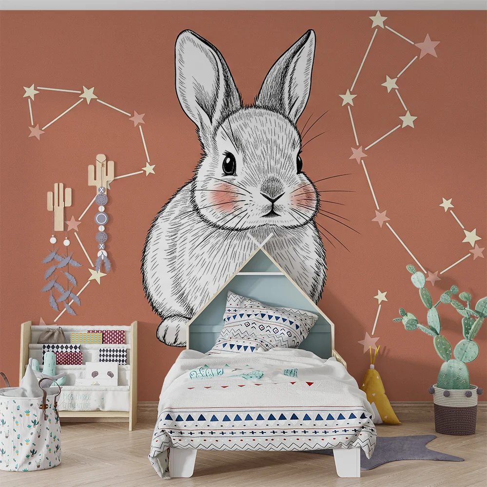 Papel de parede quarto bebê | Coelho fofo e constelações estreladas