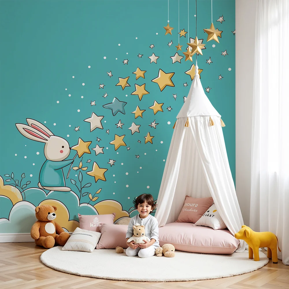 Papel de parede quarto bebê | Coelho mágico e estrelas brilhantes
