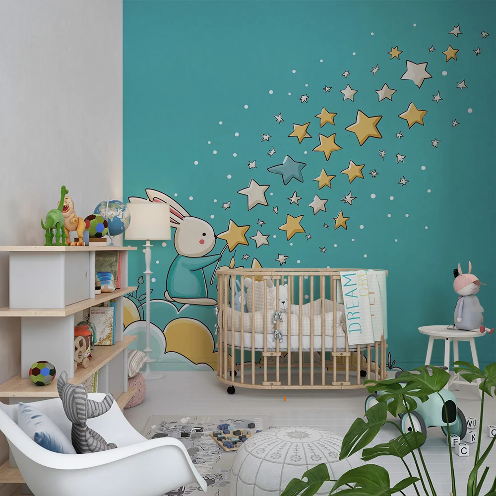 Papel de parede quarto bebê | Coelho mágico e estrelas brilhantes