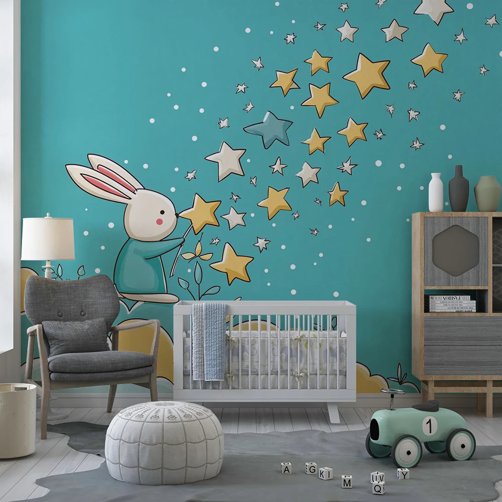 Papel de parede quarto bebê | Coelho mágico e estrelas brilhantes
