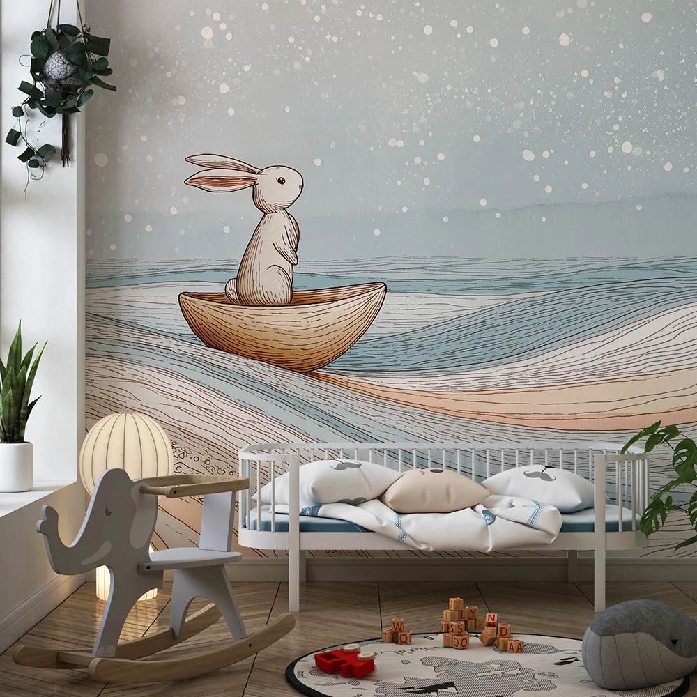 Papel de parede quarto bebê | Coelho sonhador nas ondas tranquilas