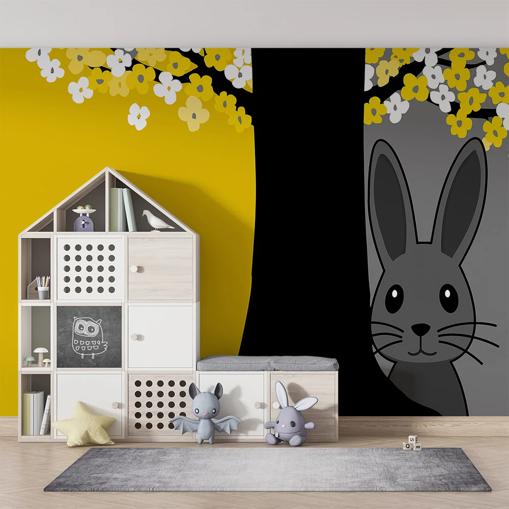 Papel de parede quarto bebê | Coelho travesso sob uma árvore florida