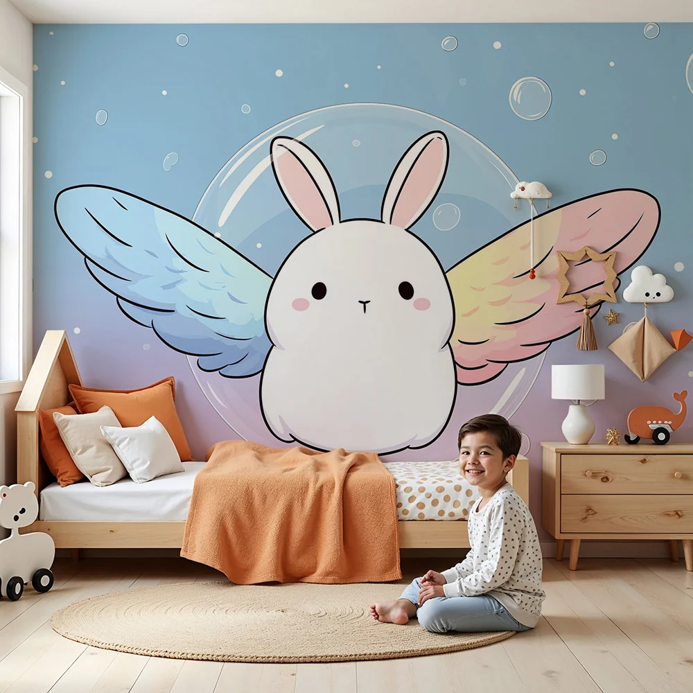 Papel de parede quarto bebê | Coelho voador com asas coloridas e bolhas