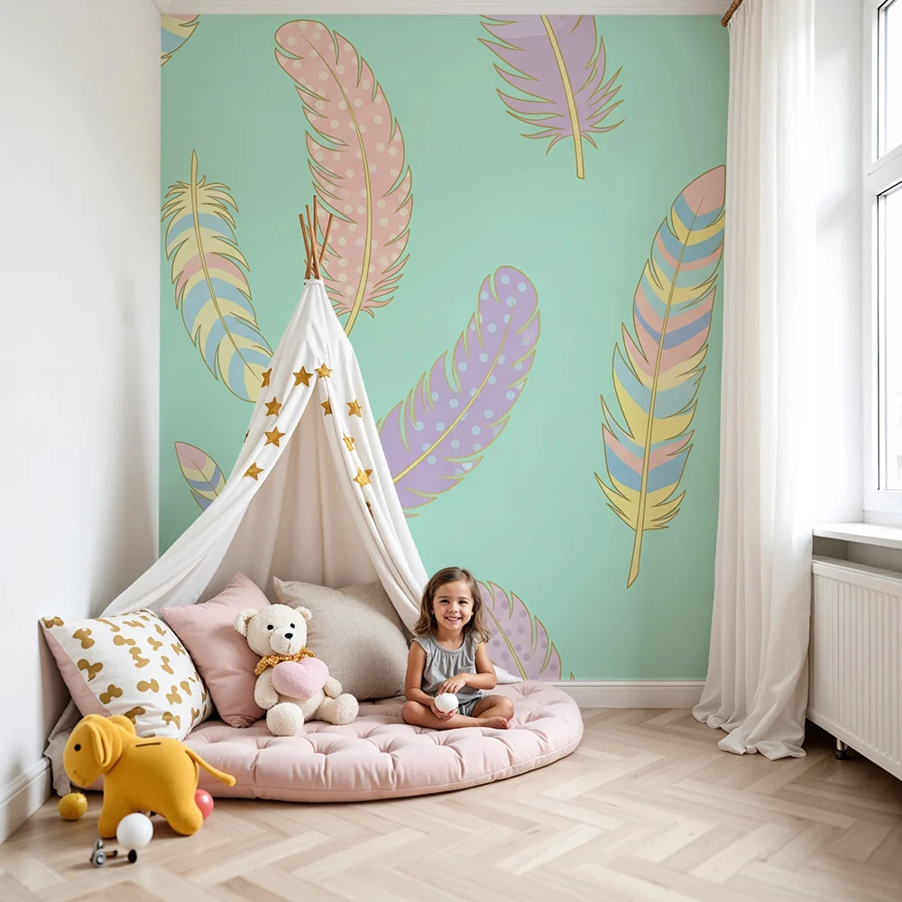 Papel de parede quarto bebê | Coloridas penas em fundo menta