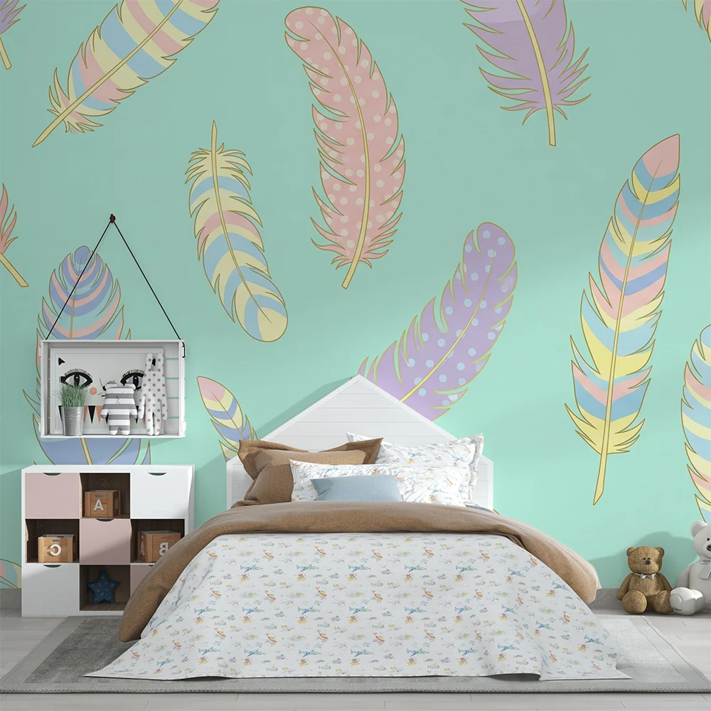 Papel de parede quarto bebê | Coloridas penas em fundo menta