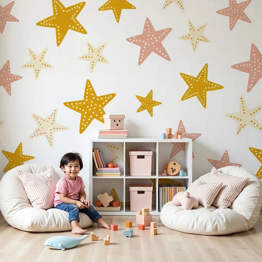 Papel de parede quarto bebê | Coloridas e suaves estrelas