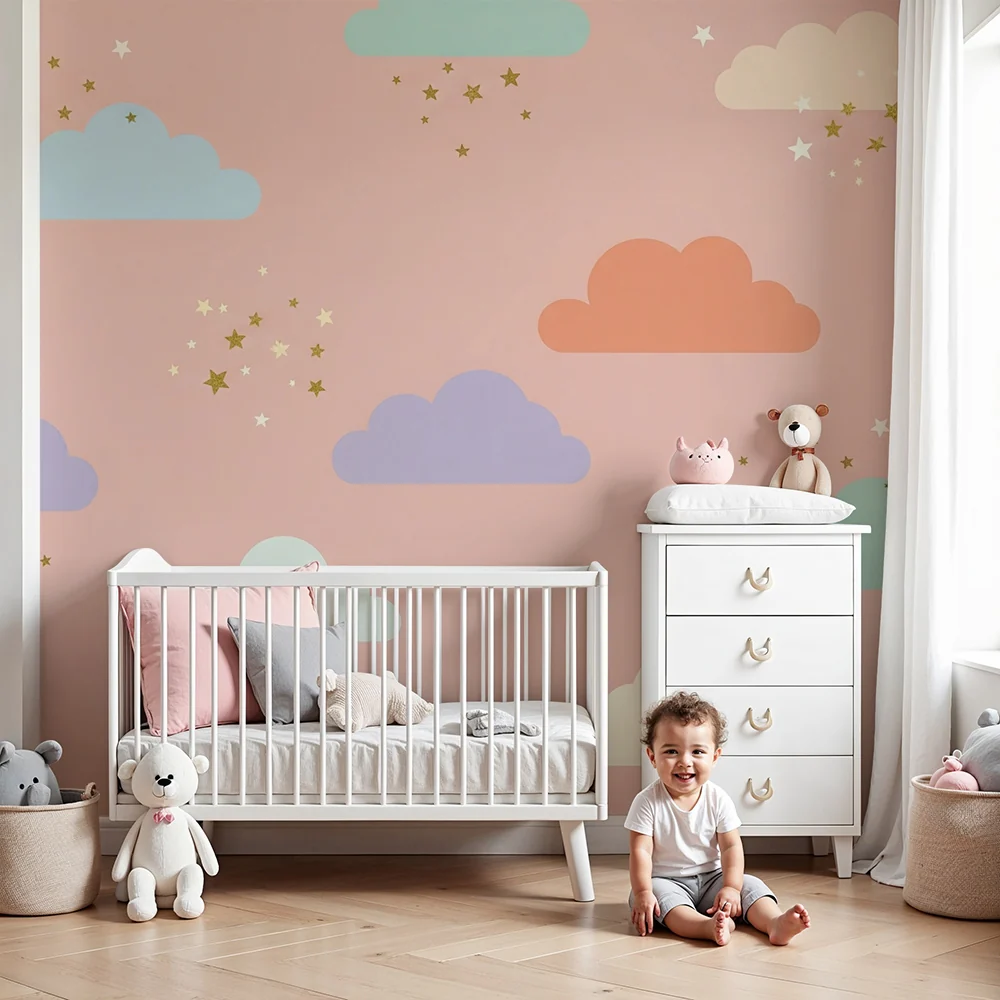 Papel de parede quarto bebê | Coloridos nuvens e estrelas brilhantes em fundo rosa