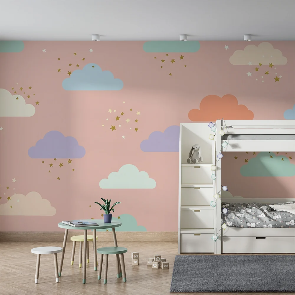 Papel de parede quarto bebê | Coloridos nuvens e estrelas brilhantes em fundo rosa