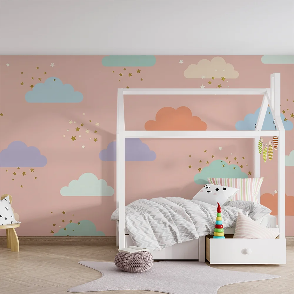 Papel de parede quarto bebê | Coloridos nuvens e estrelas brilhantes em fundo rosa