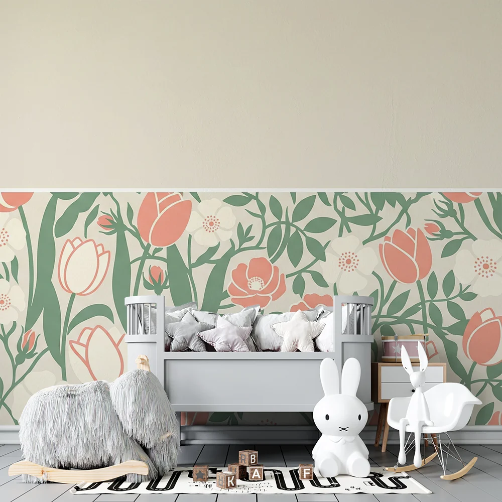 Papel de parede quarto bebê | Decoração floral embaixo e fundo bege em cima