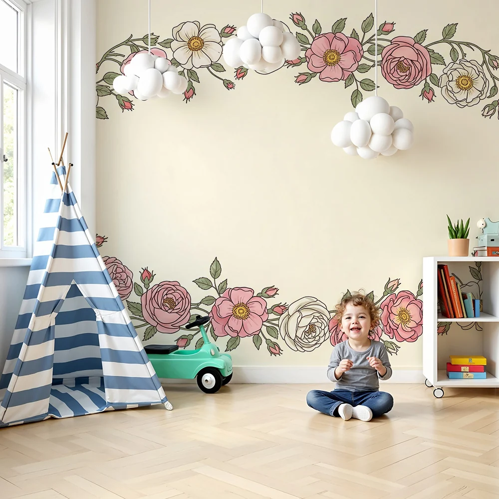 Papel de parede quarto bebê | Delicada coroa de rosas em fundo suave