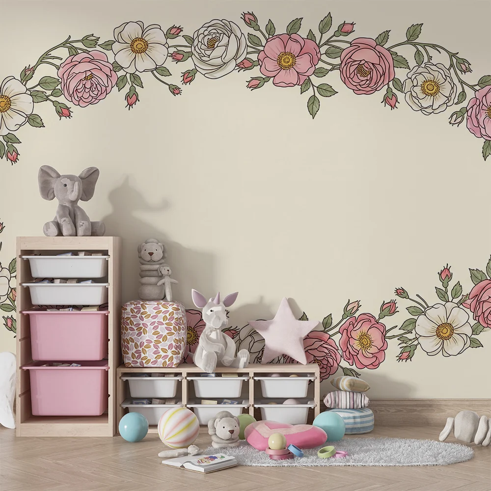 Papel de parede quarto bebê | Delicada coroa de rosas em fundo suave