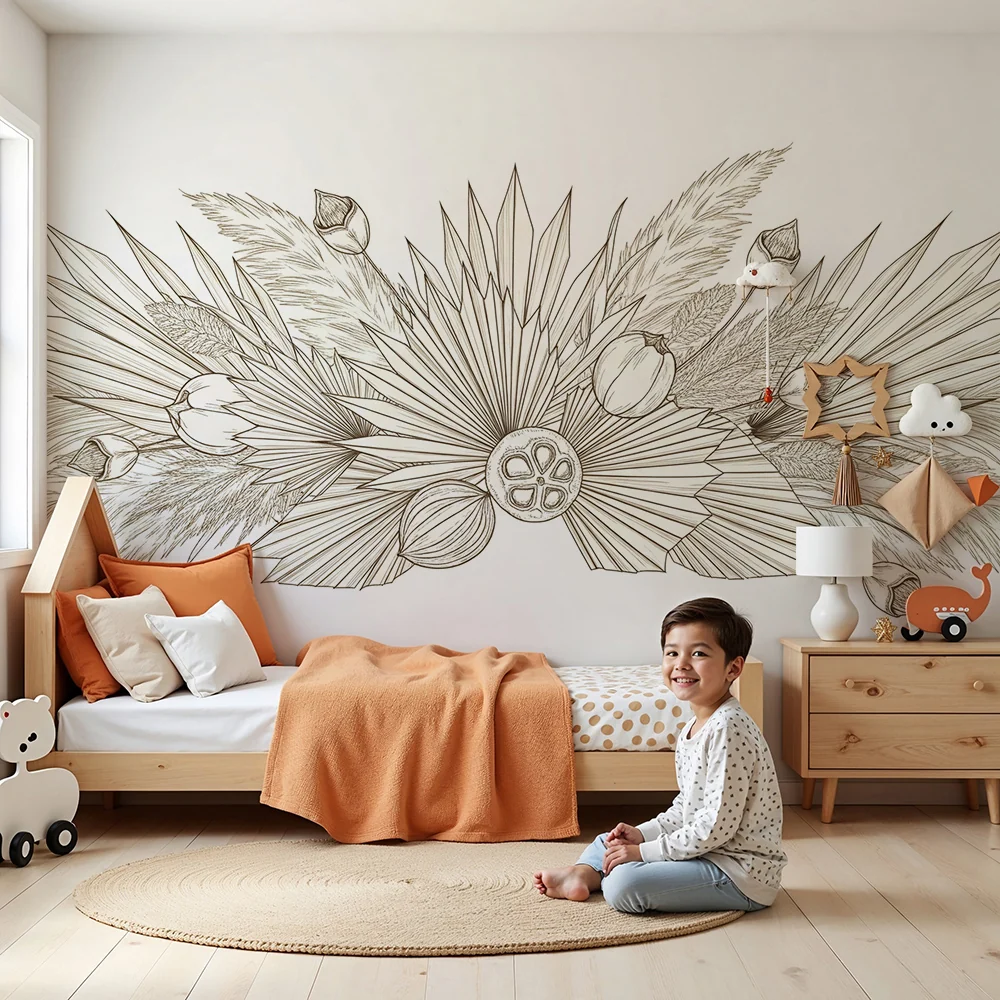 Papel de parede quarto bebê | Delicada folhagem e padrões florais em linha clara