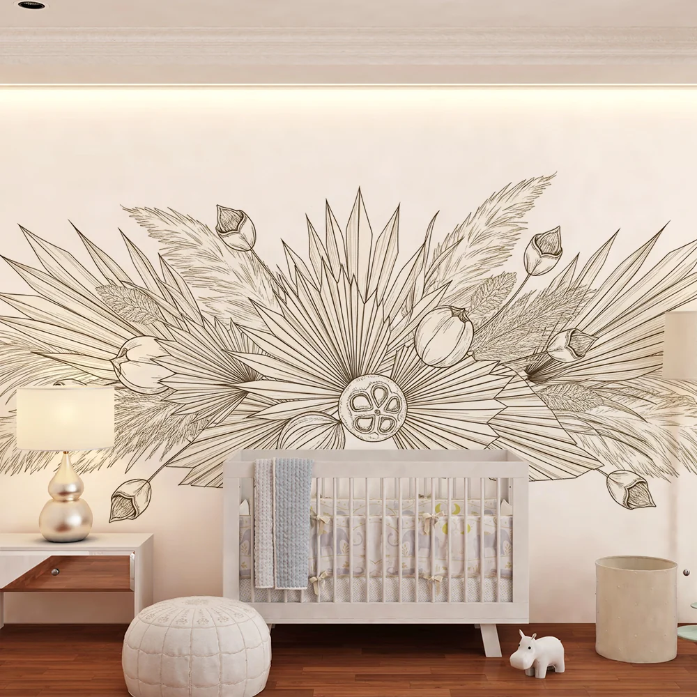 Papel de parede quarto bebê | Delicada folhagem e padrões florais em linha clara