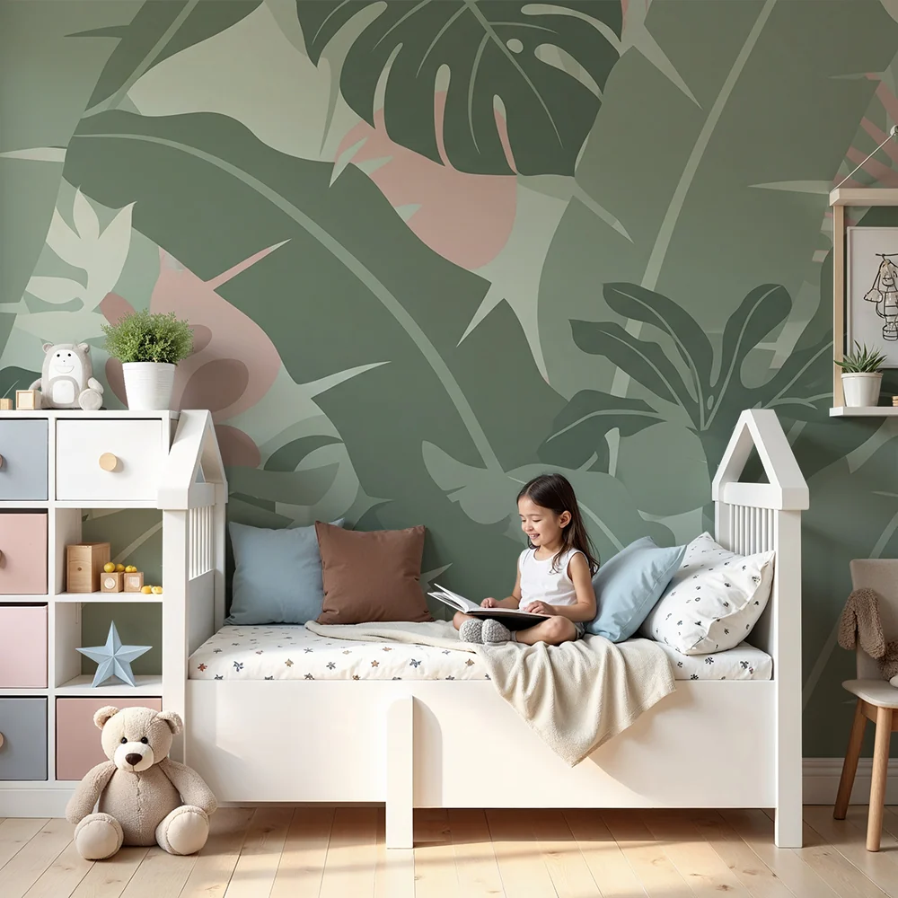 Papel de parede quarto bebê | Delicada folhagem tropical com tons pastel