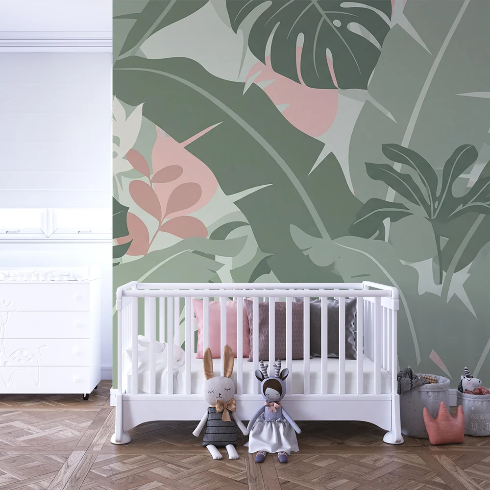 Papel de parede quarto bebê | Delicada folhagem tropical com tons pastel