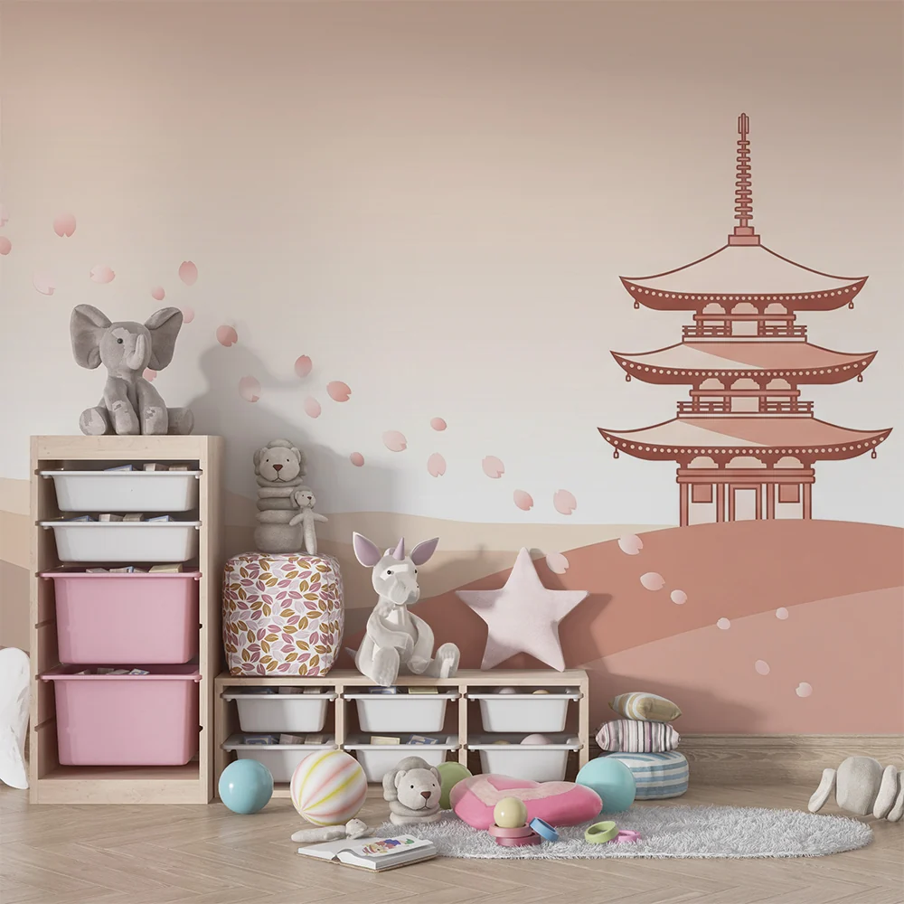 Papel de parede quarto bebê | Delicada pagode e pétalas de cerejeira em fundo pastel