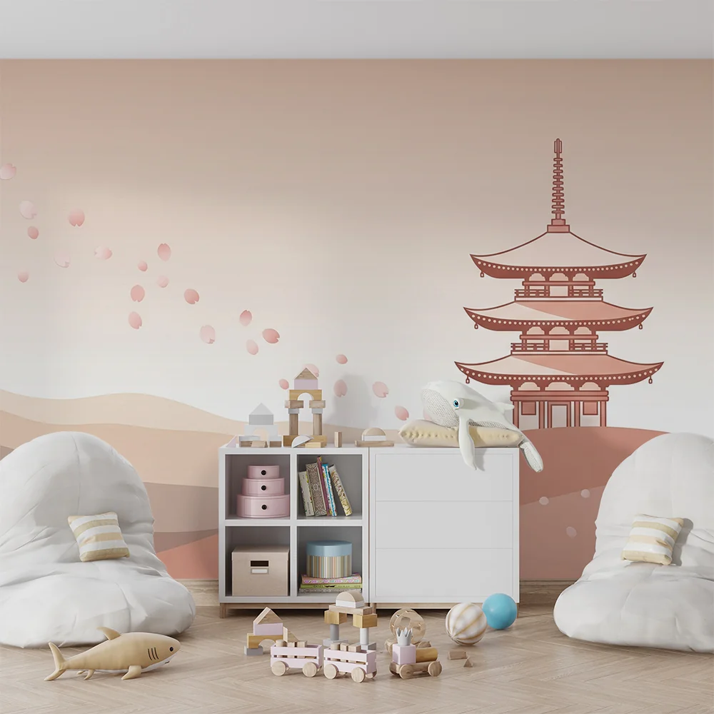 Papel de parede quarto bebê | Delicada pagode e pétalas de cerejeira em fundo pastel