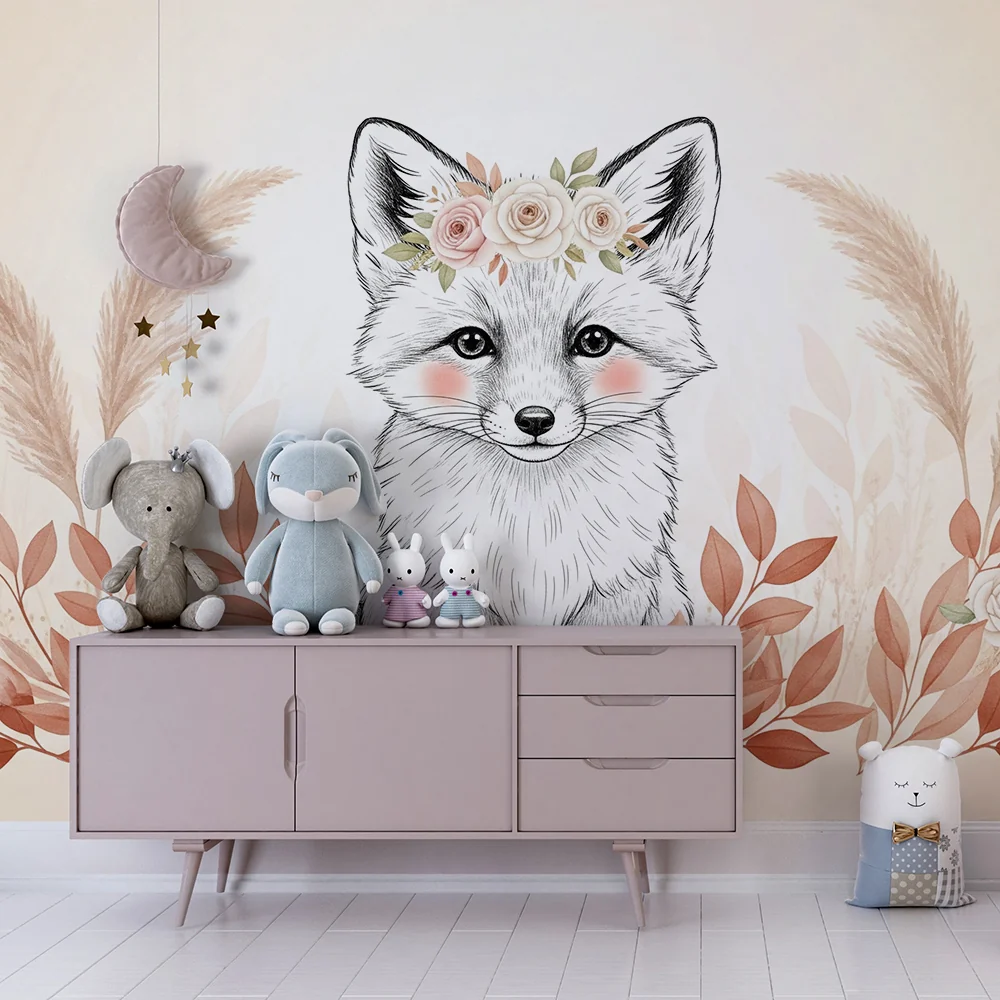 Papel de parede quarto bebê | Delicada raposa com flores