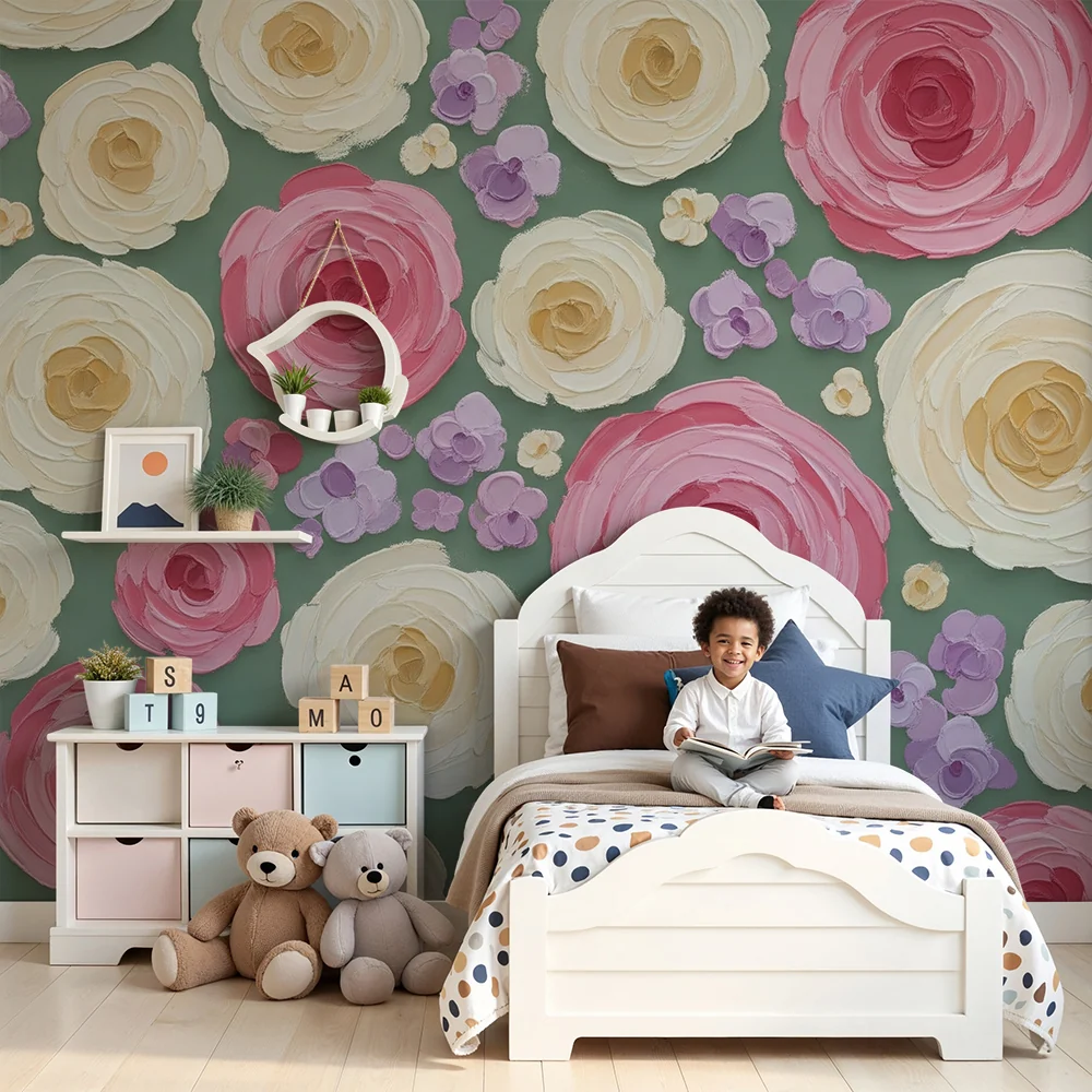 Papel de parede quarto bebê | Delicadas flores em tons pastel em fundo verde