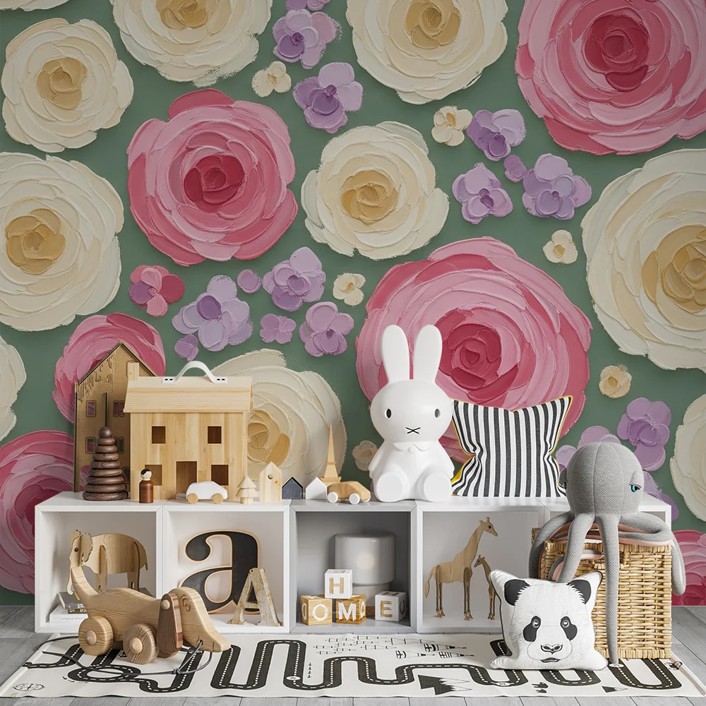 Papel de parede quarto bebê | Delicadas flores em tons pastel em fundo verde