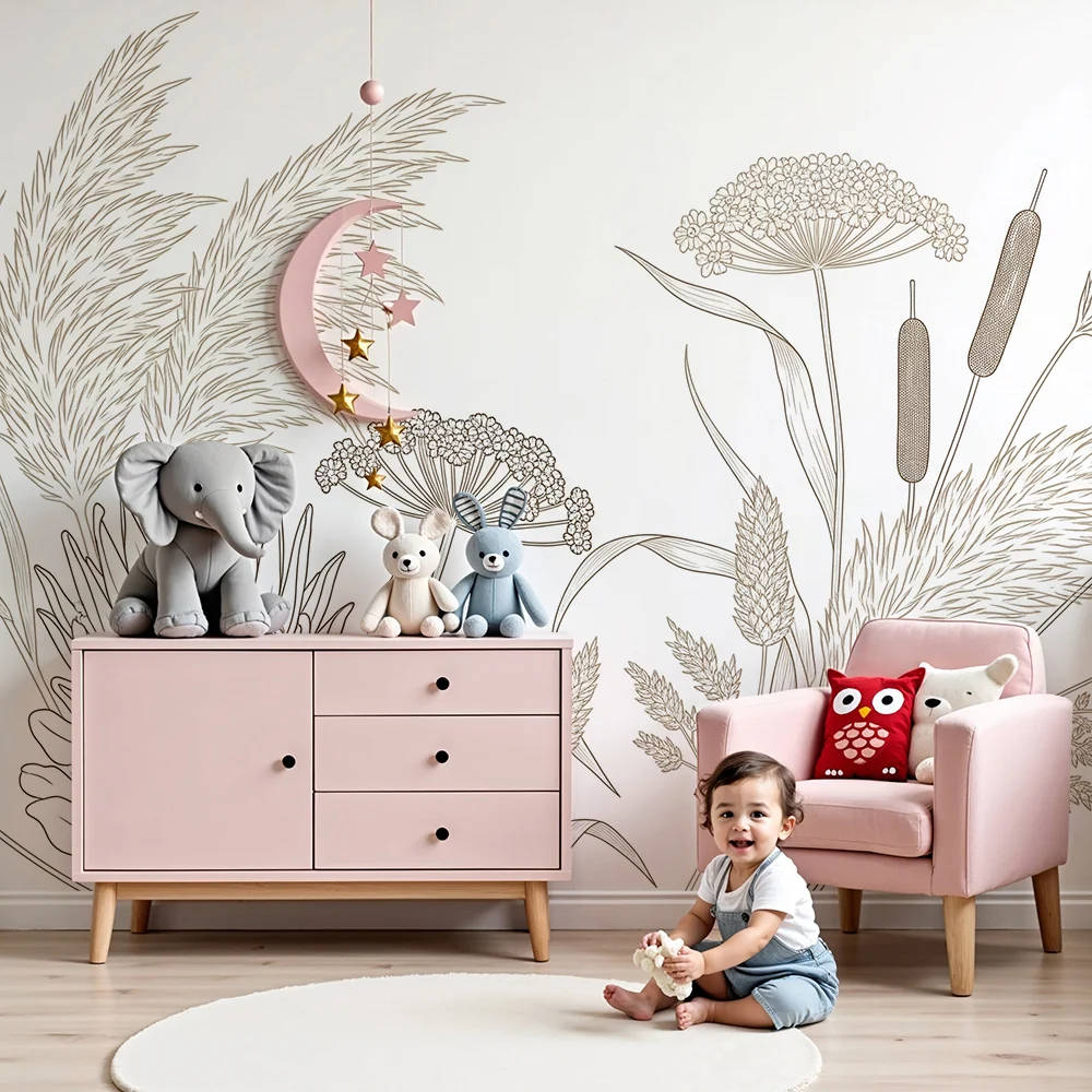 Papel de parede quarto bebê | Delicadas flores e padrões botânicos em bege
