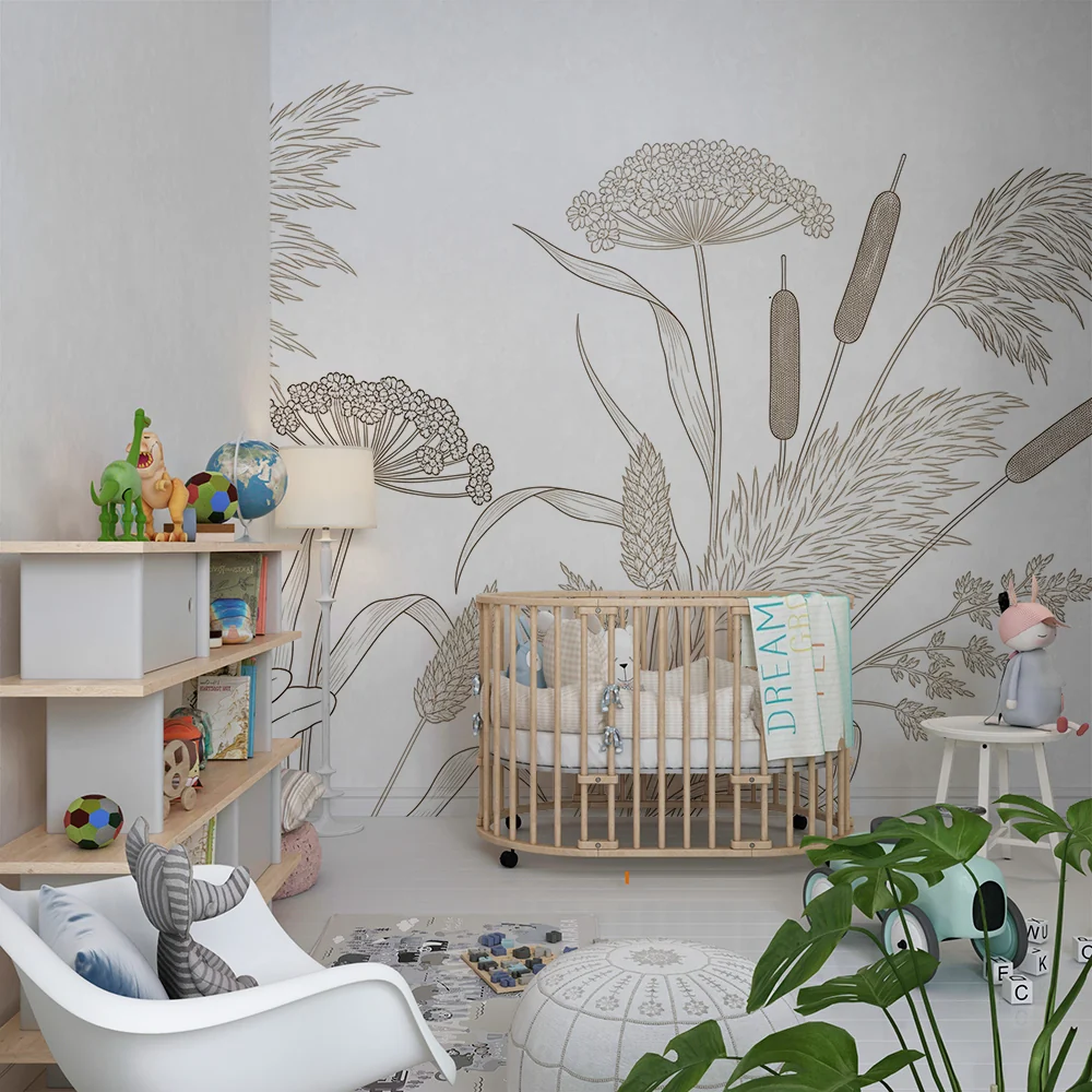 Papel de parede quarto bebê | Delicadas flores e padrões botânicos em bege