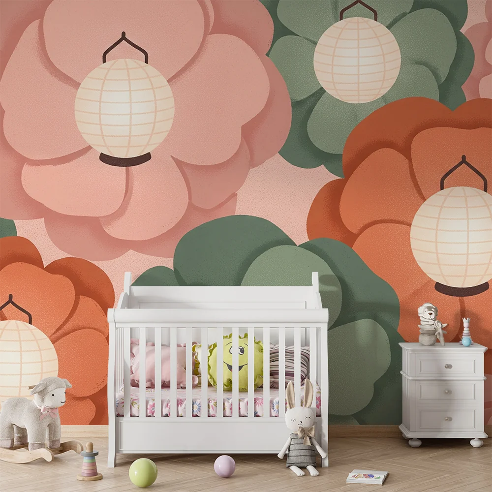 Papel de parede quarto bebê | Delicadas flores e lanternas suspensas em tons suaves
