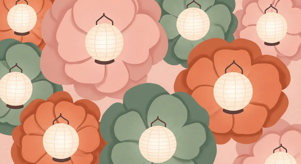 Papel de parede quarto bebê | Delicadas flores e lanternas suspensas em tons suaves