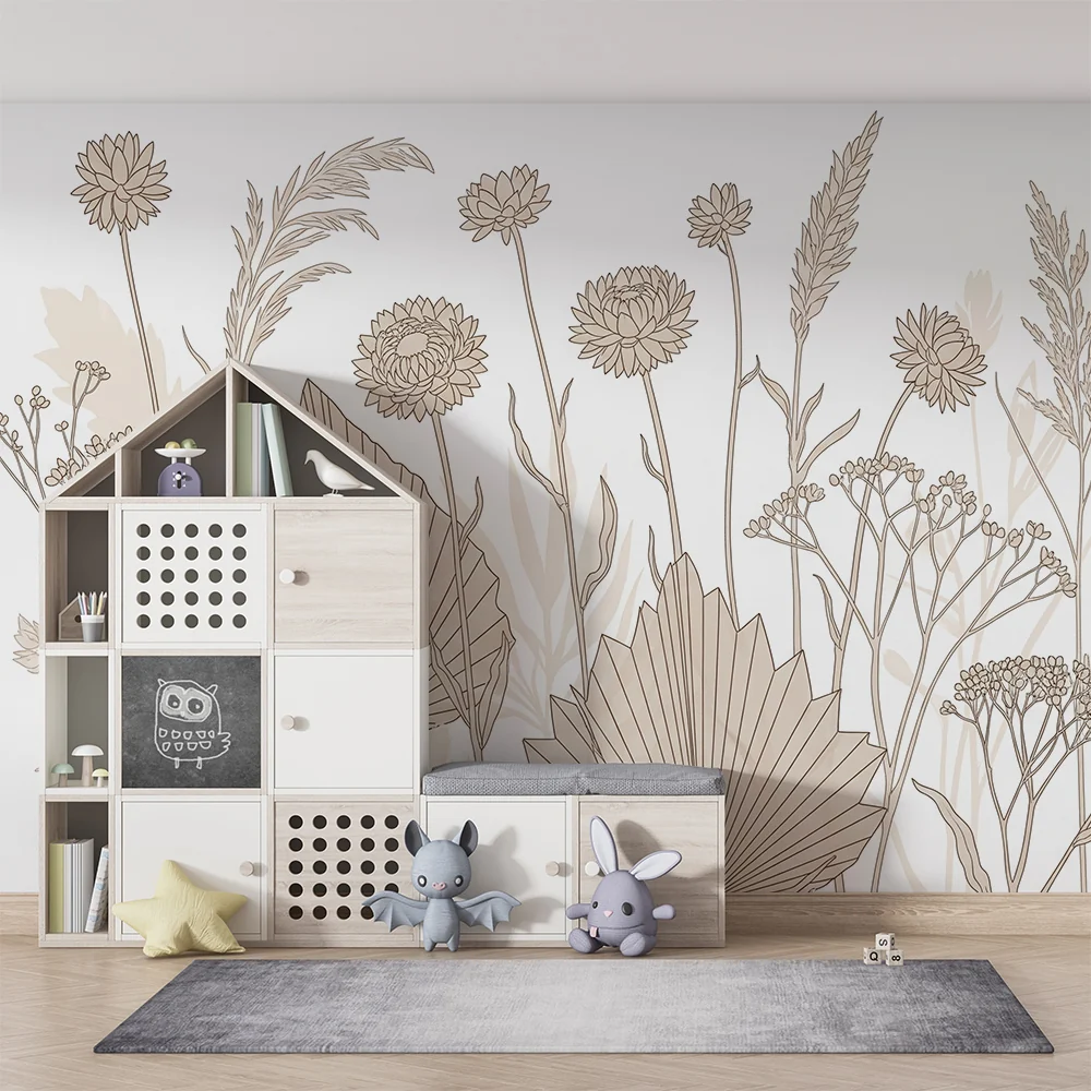Papel de parede quarto bebê | Delicadas flores e folhagens em linhas limpas