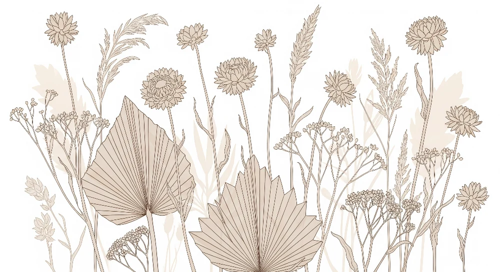 Papel de parede quarto bebê | Delicadas flores e folhagens em linhas limpas