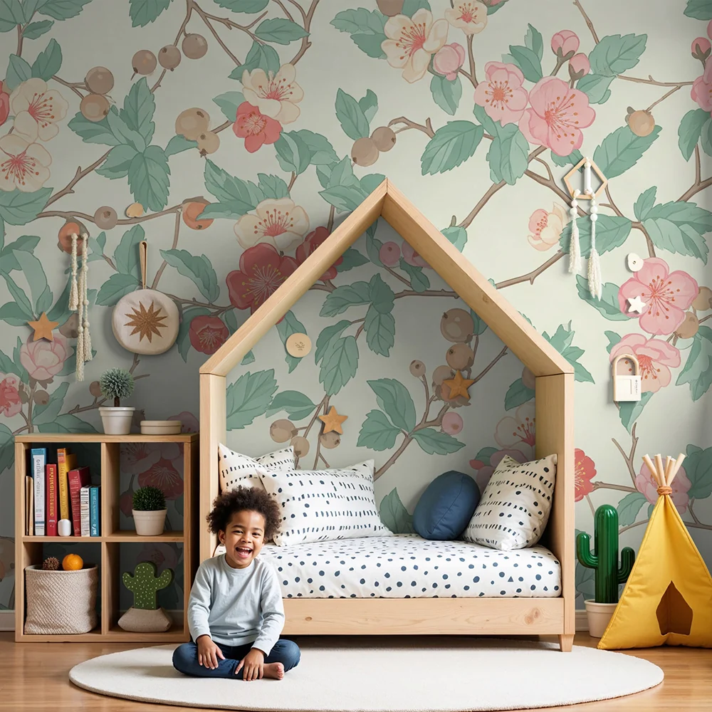 Papel de parede quarto bebê | Delicadas flores e folhagem em tons pastel