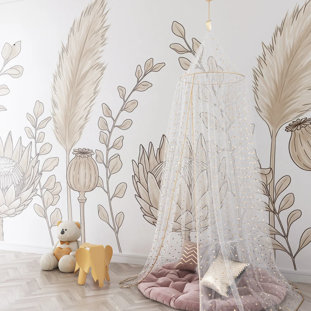 Papel de parede quarto bebê | Delicadas flores e folhagem suave
