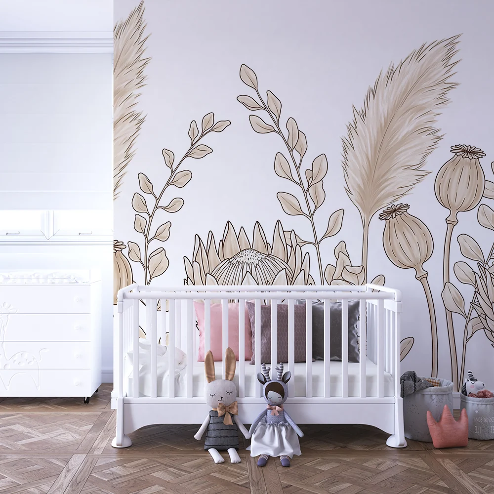 Papel de parede quarto bebê | Delicadas flores e folhagem suave