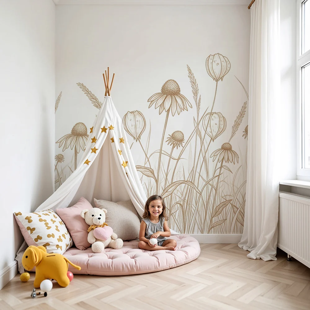 Papel de parede quarto bebê | Delicadas flores e ervas em tons suaves
