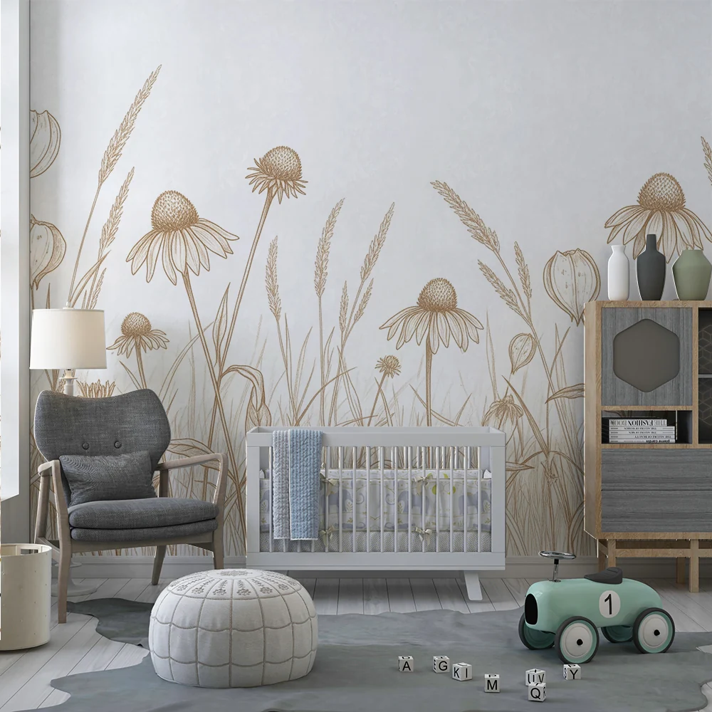 Papel de parede quarto bebê | Delicadas flores e ervas em tons suaves