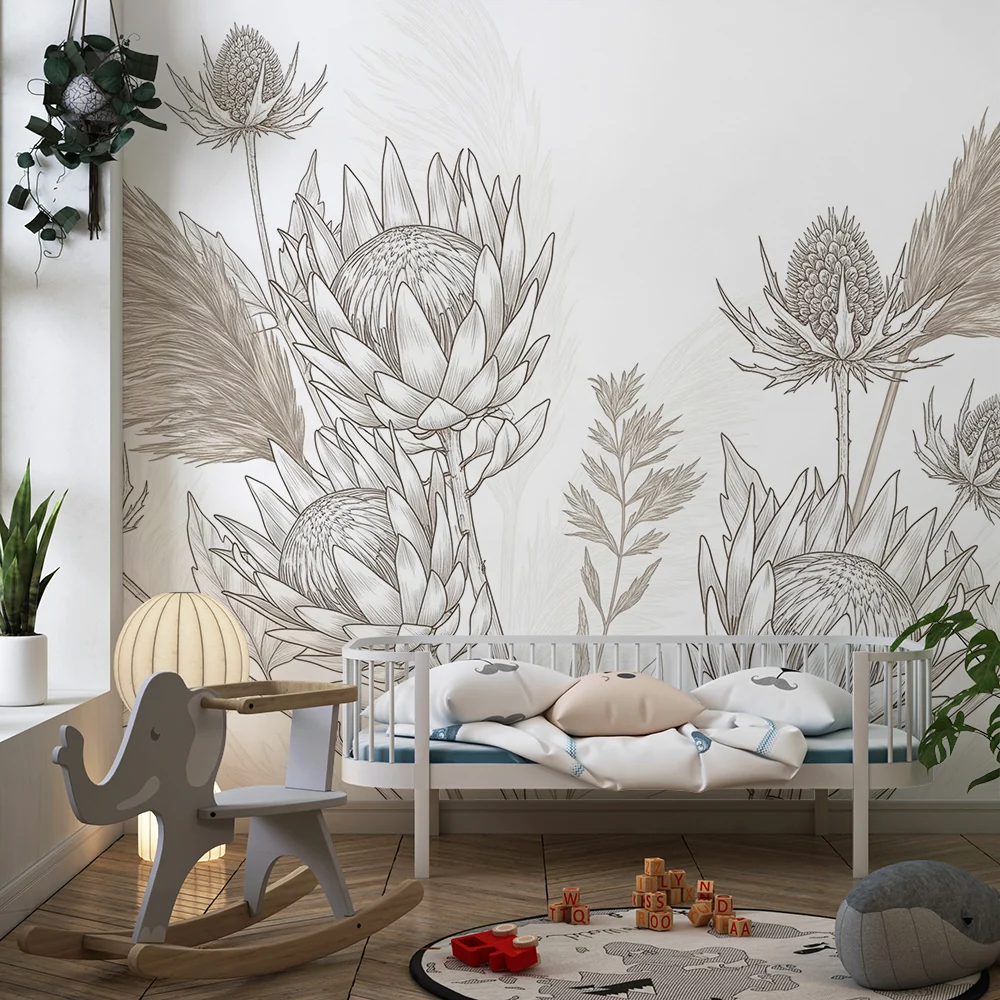 Papel de parede quarto bebê | Delicadas flores e folhagem suave em tons de bege