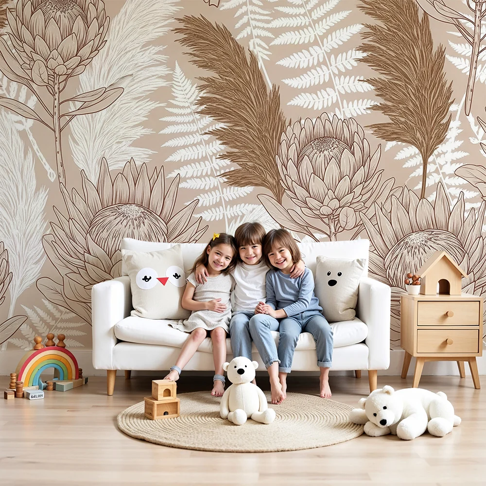 Papel de parede quarto bebê | Delicadas flores e folhagem suave em fundo bege