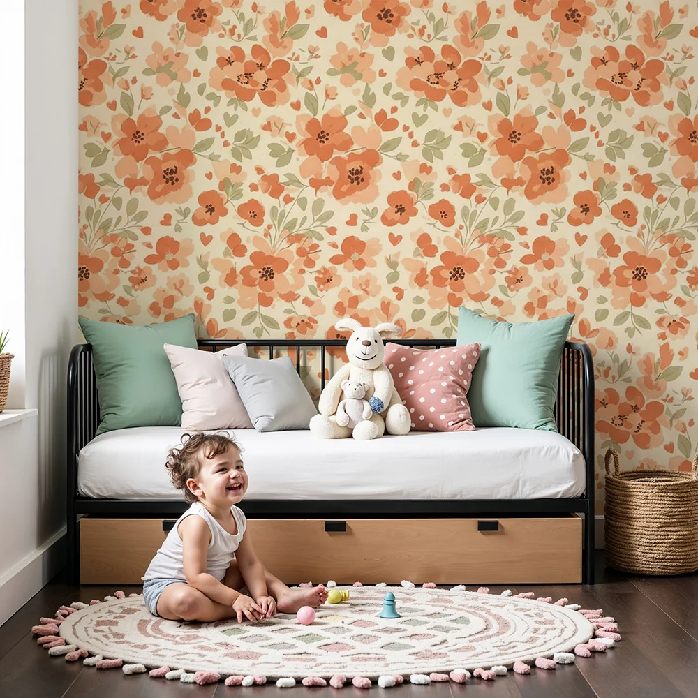 Papel de parede quarto bebê | Delicadas flores em tons suaves de laranja e verde