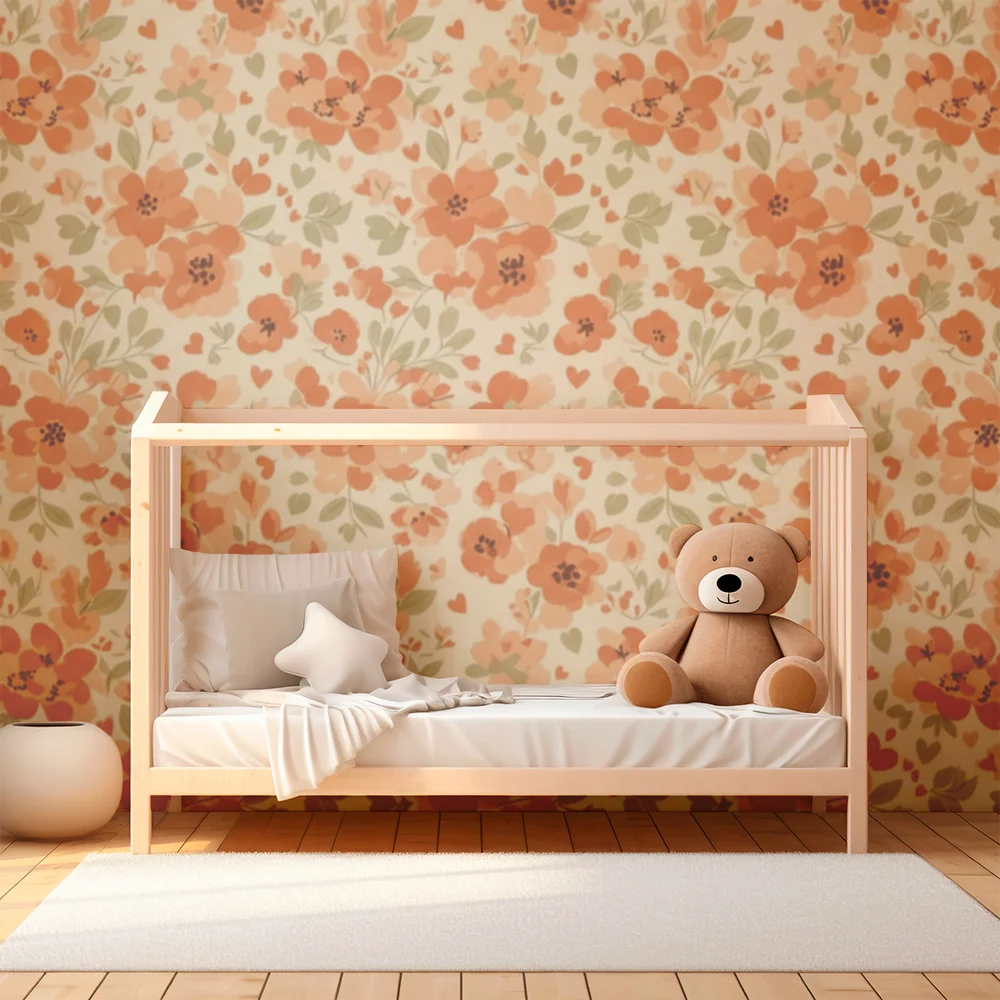 Papel de parede quarto bebê | Delicadas flores em tons suaves de laranja e verde