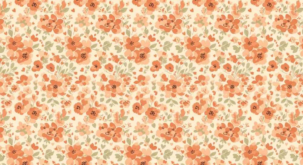 Papel de parede quarto bebê | Delicadas flores em tons suaves de laranja e verde