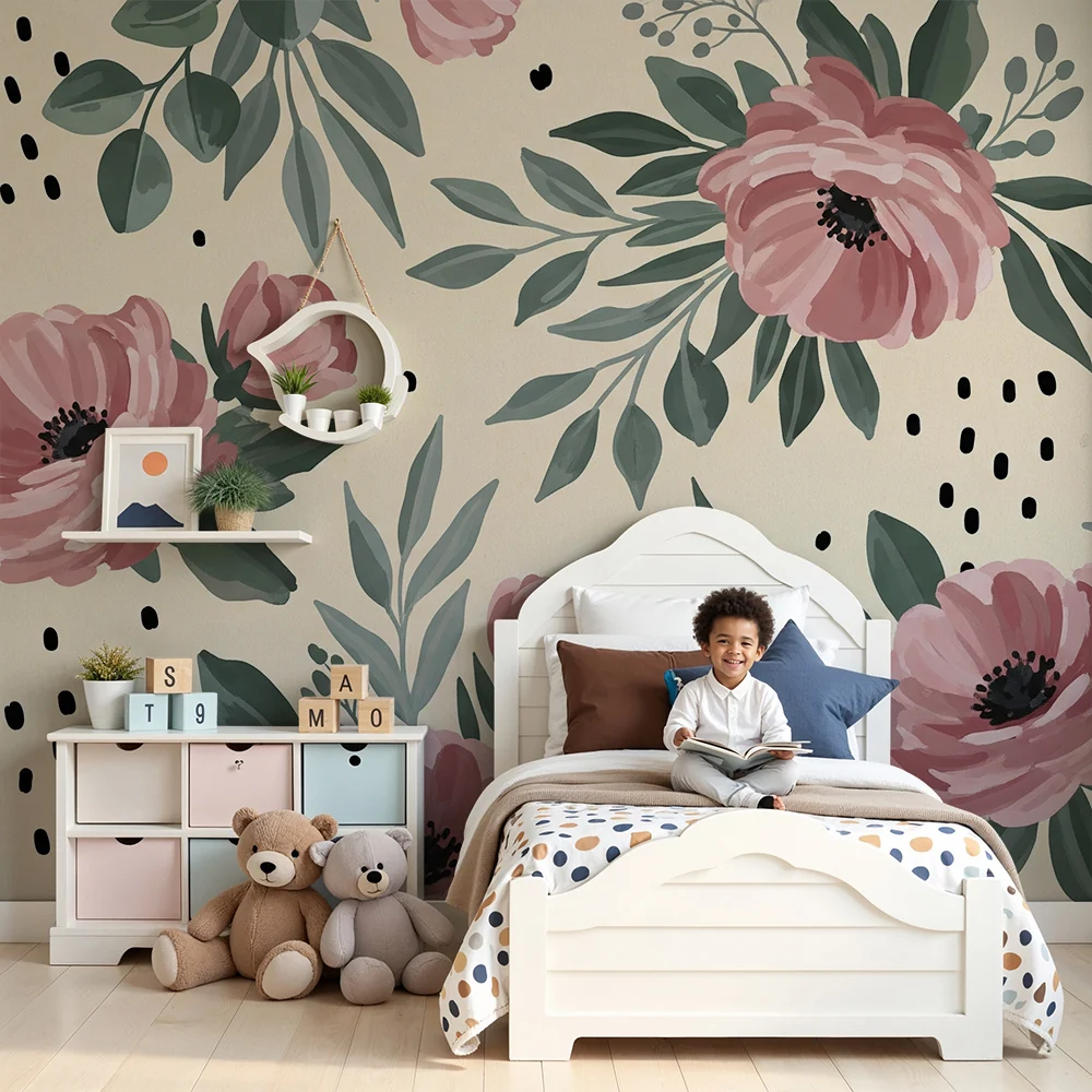 Papel de parede quarto bebê | Delicadas flores rosa em fundo creme