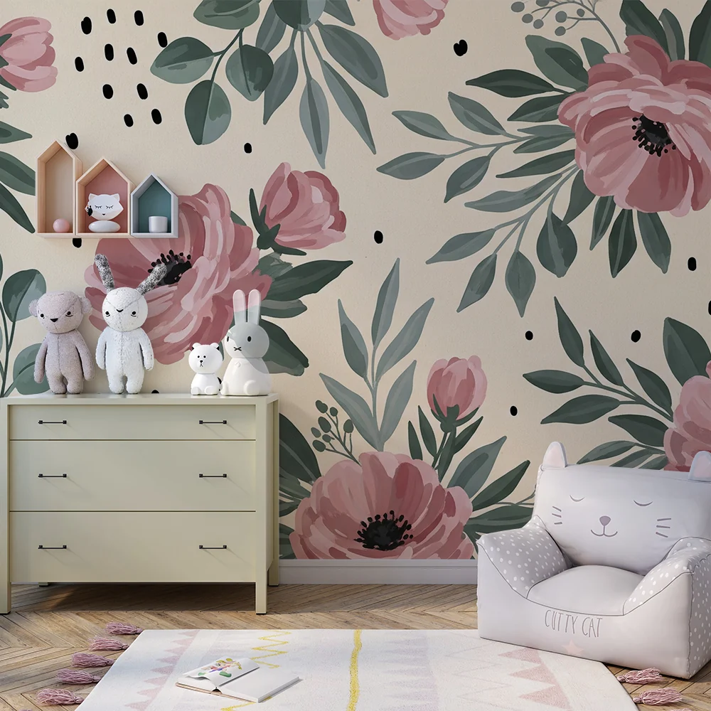 Papel de parede quarto bebê | Delicadas flores rosa em fundo creme