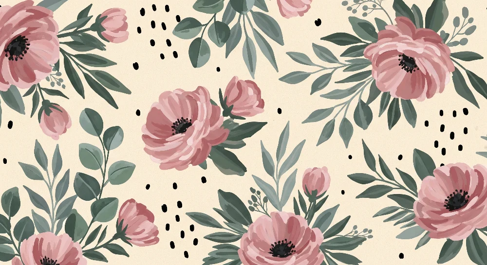 Papel de parede quarto bebê | Delicadas flores rosa em fundo creme