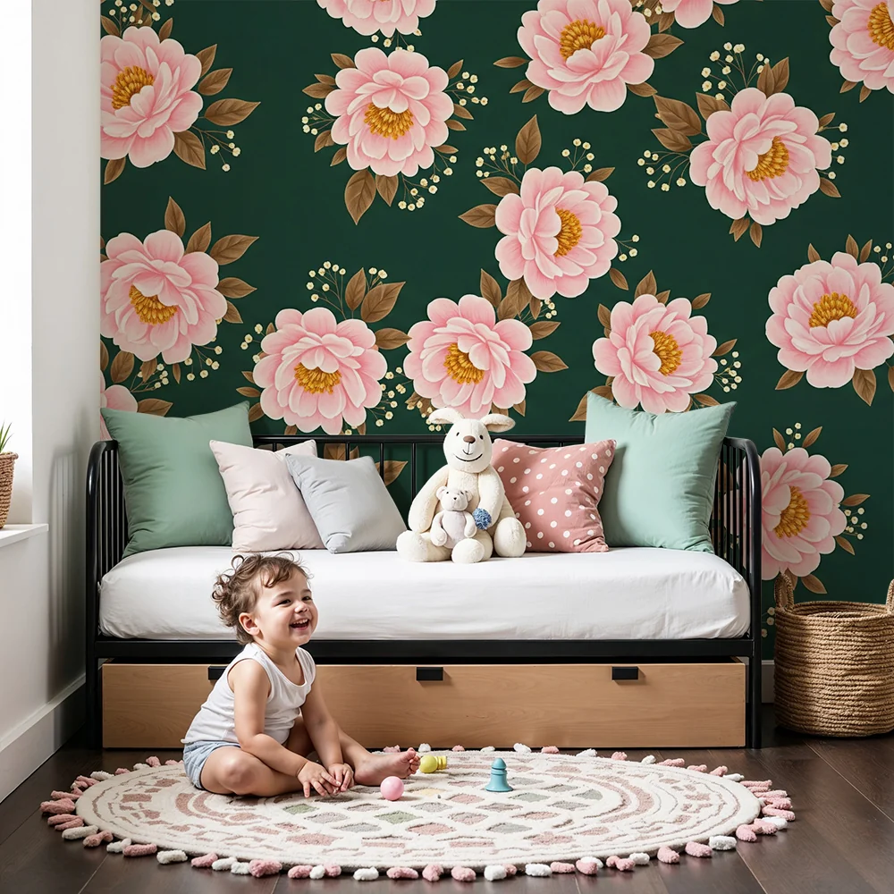 Papel de parede quarto bebê | Delicadas flores rosa em fundo verde profundo