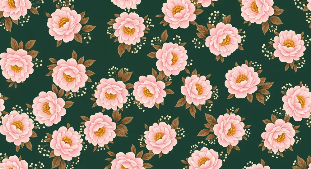 Papel de parede quarto bebê | Delicadas flores rosa em fundo verde profundo