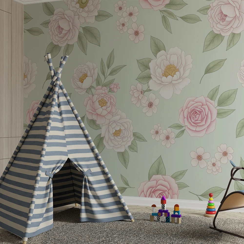 Papel de parede quarto bebê | Delicadas flores em fundo verde menta