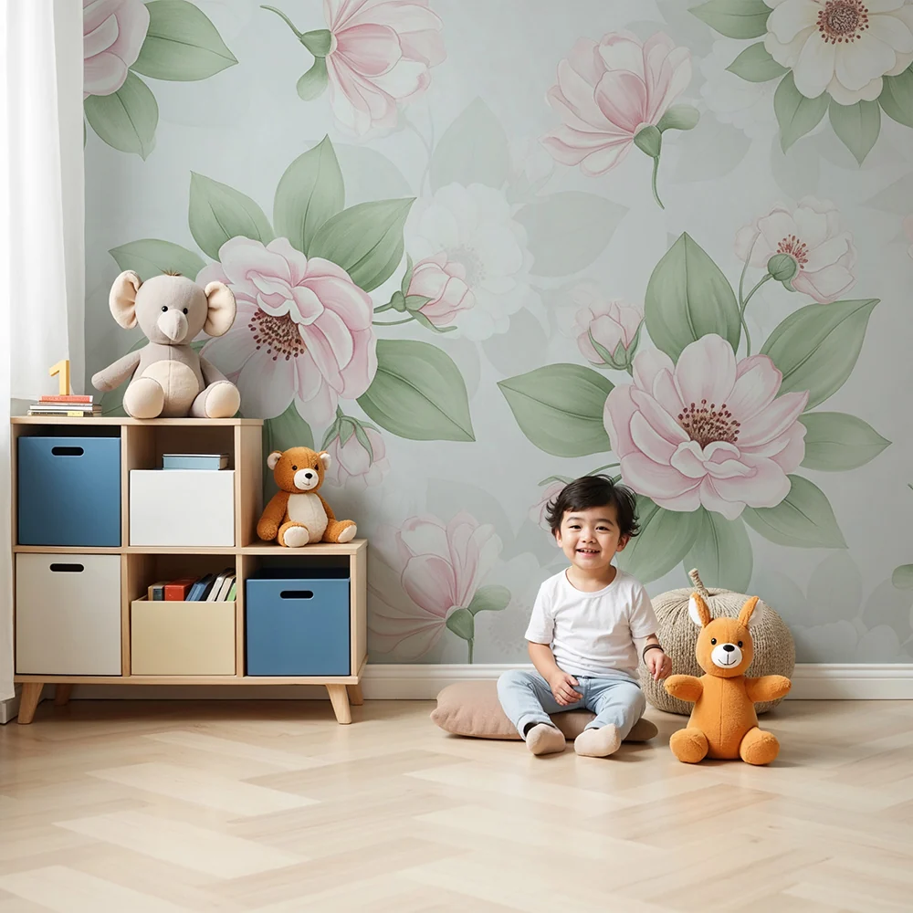 Papel de parede quarto bebê | Delicadas flores em tons de rosa e branco