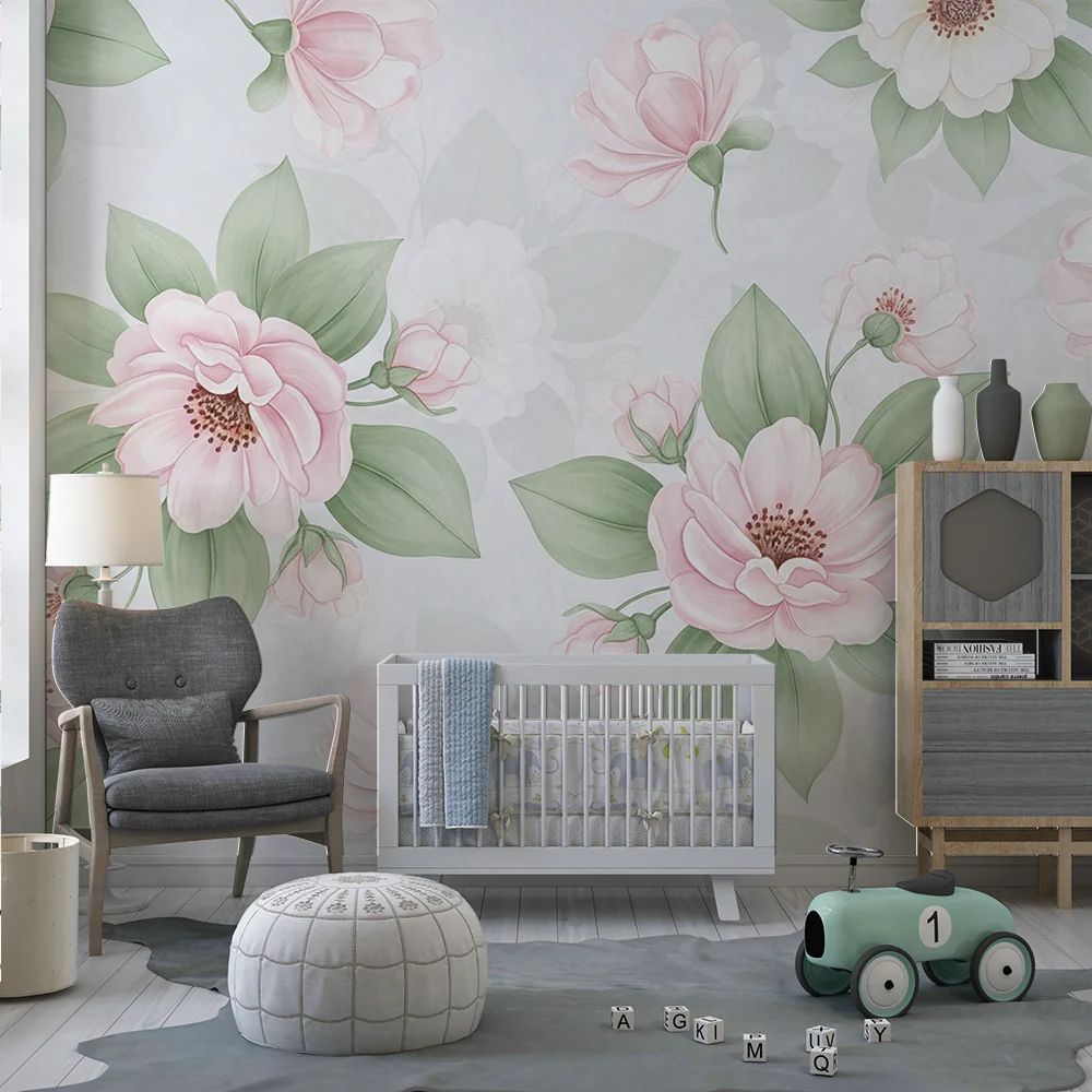 Papel de parede quarto bebê | Delicadas flores em tons de rosa e branco