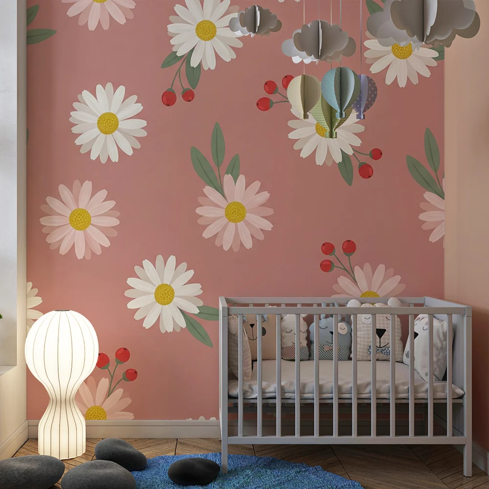 Papel de parede quarto bebê | Delicadas flores em fundo rosa suave